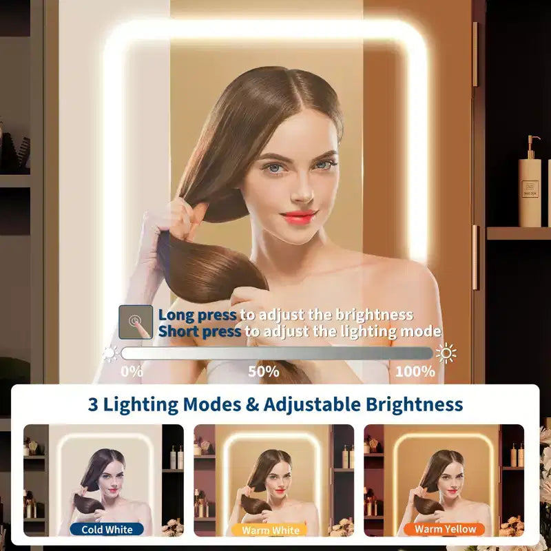 Coiffeuse avec miroir et lumières, comprend un tabouret rembourré, des tiroirs de rangement, des prises USB, une lumière LED réglable avec 3 modes d'éclairage