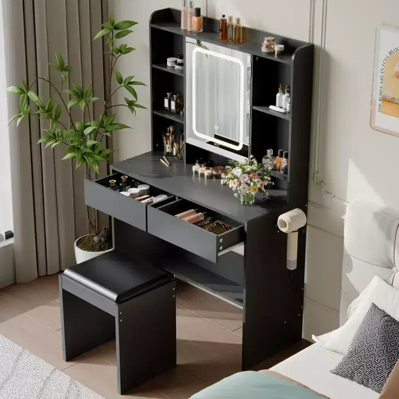Coiffeuse avec miroir et lumières, comprend un tabouret rembourré, des tiroirs de rangement, des prises USB, une lumière LED réglable avec 3 modes d'éclairage