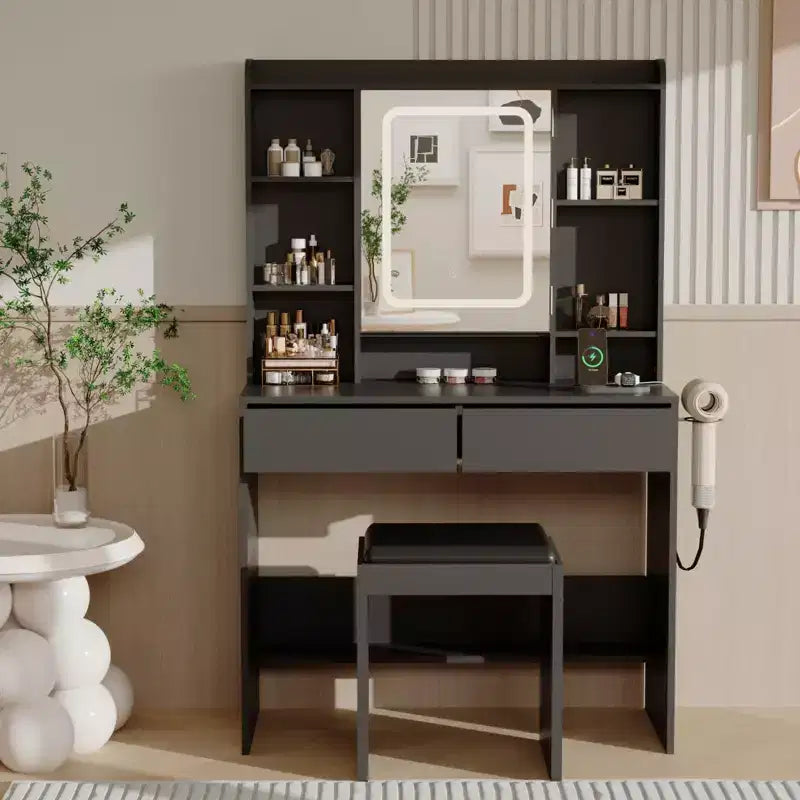 Coiffeuse avec miroir et lumières, comprend un tabouret rembourré, des tiroirs de rangement, des prises USB, une lumière LED réglable avec 3 modes d'éclairage