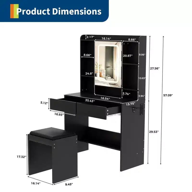 Coiffeuse avec miroir et lumières, comprend un tabouret rembourré, des tiroirs de rangement, des prises USB, une lumière LED réglable avec 3 modes d'éclairage