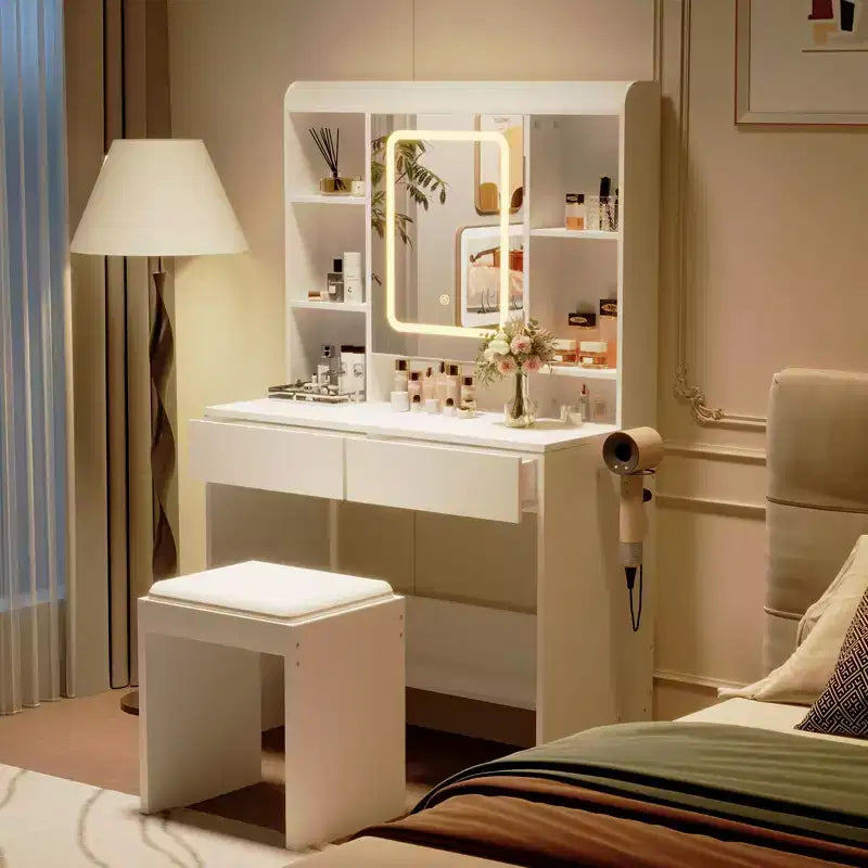 Coiffeuse avec miroir et lumières, comprend un tabouret rembourré, des tiroirs de rangement, des prises USB, une lumière LED réglable avec 3 modes d'éclairage