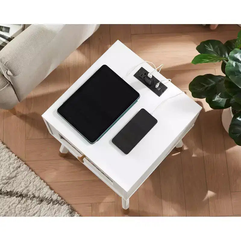 Table d'appoint rétro avec prises, ports USB et tiroir de rangement