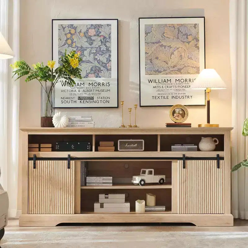 Meuble TV pour téléviseurs de 80 pouces avec porte coulissante, étagère réglable et rangement, console média moderne de 81 cm de haut pour salon