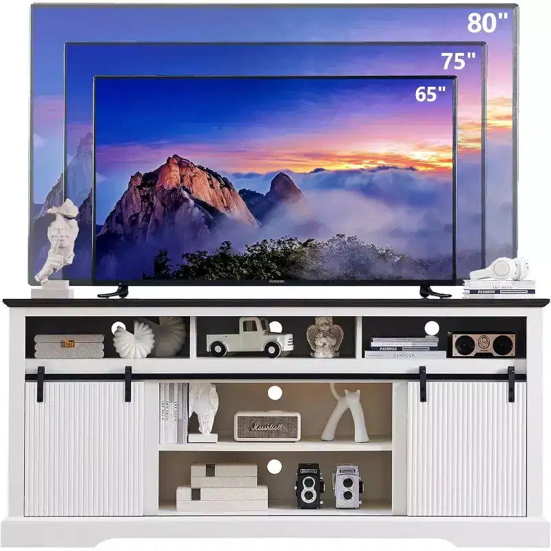 Meuble TV pour téléviseurs de 80 pouces avec porte coulissante, étagère réglable et rangement, console média moderne de 81 cm de haut pour salon