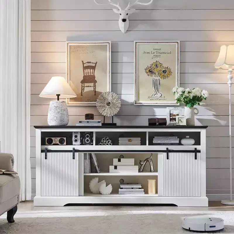 Meuble TV pour téléviseurs de 80 pouces avec porte coulissante, étagère réglable et rangement, console média moderne de 81 cm de haut pour salon