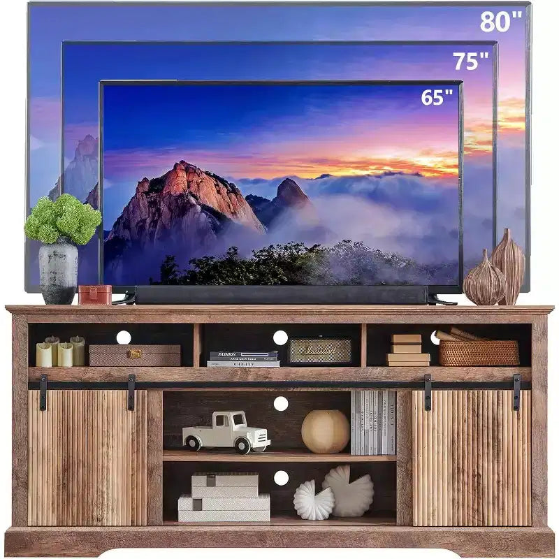 Meuble TV pour téléviseurs de 80 pouces avec porte coulissante, étagère réglable et rangement, console média moderne de 81 cm de haut pour salon