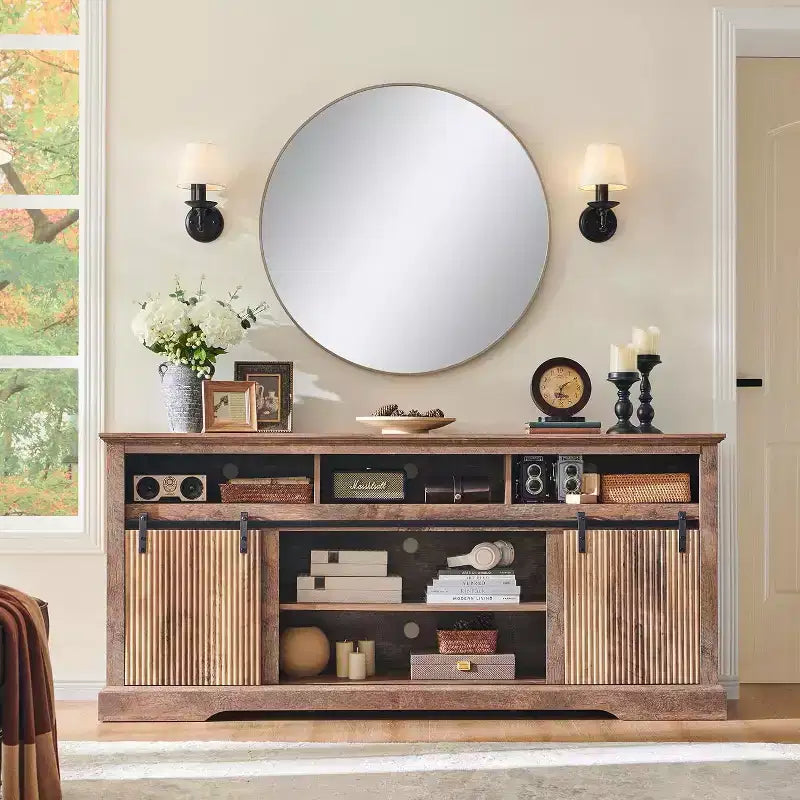 Meuble TV pour téléviseurs de 80 pouces avec porte coulissante, étagère réglable et rangement, console média moderne de 81 cm de haut pour salon
