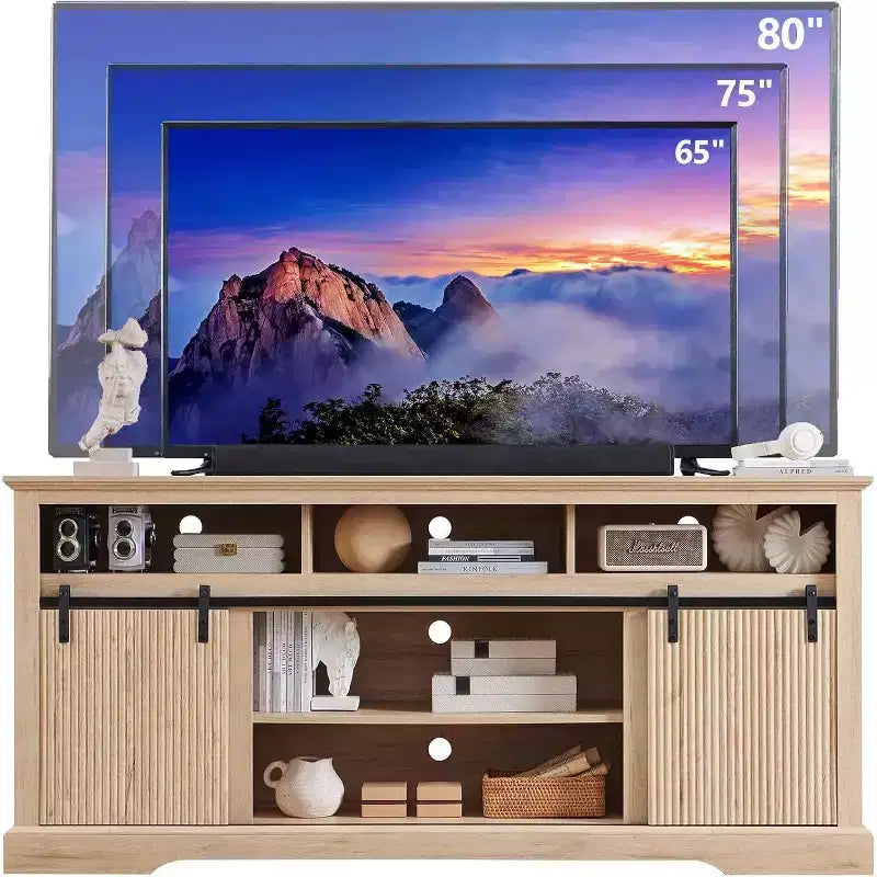 Meuble TV pour téléviseurs de 80 pouces avec porte coulissante, étagère réglable et rangement, console média moderne de 81 cm de haut pour salon