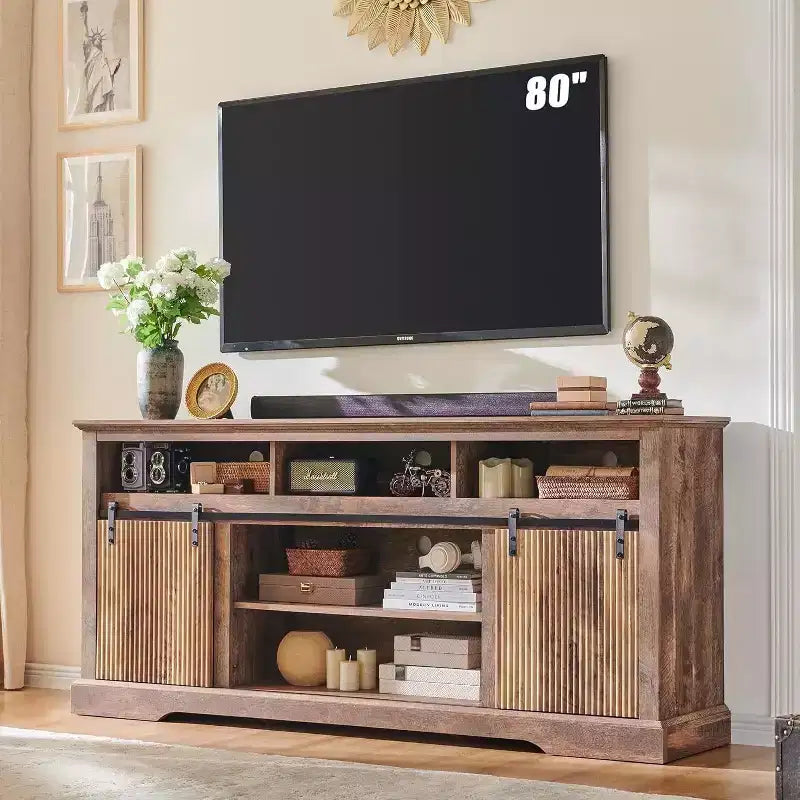 Meuble TV pour téléviseurs de 80 pouces avec porte coulissante, étagère réglable et rangement, console média moderne de 81 cm de haut pour salon