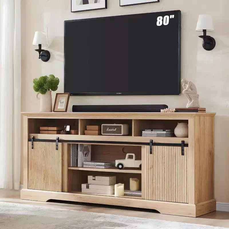 Meuble TV pour téléviseurs de 80 pouces avec porte coulissante, étagère réglable et rangement, console média moderne de 81 cm de haut pour salon