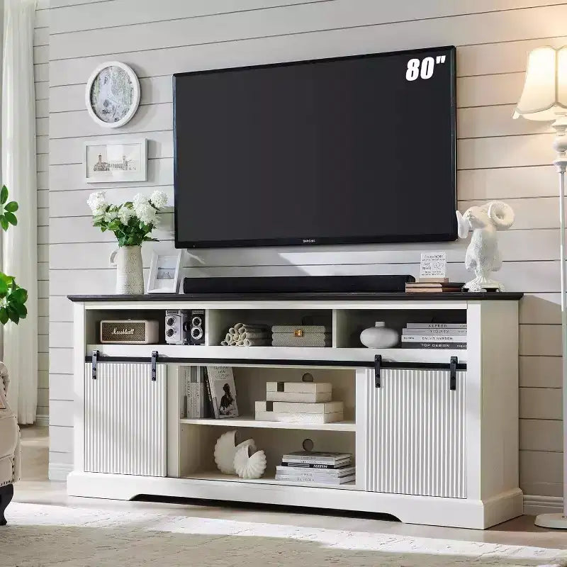 Mastgoal TV Stand for 80inch TVs with Sliding Door, Adjustable Shelf &amp; Storage, 32inch Tall Modern Media Console for Living Room