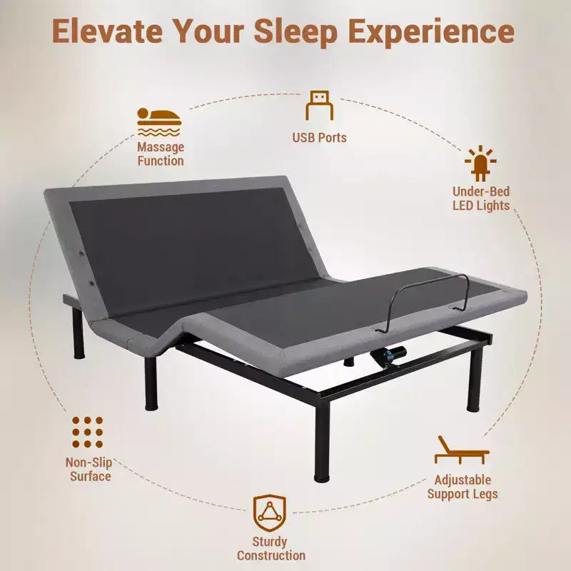 Cadre de lit réglable avec massage, sommier réglable avec 1 port USB et veilleuse sous le lit, inclinaison de la tête et des pieds