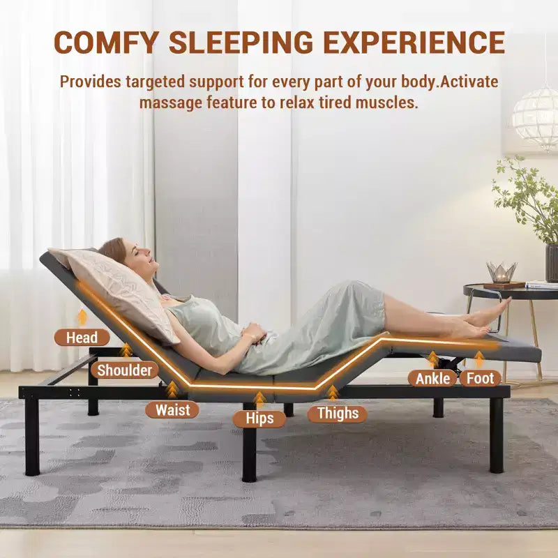 Cadre de lit réglable avec massage, sommier réglable avec 1 port USB et veilleuse sous le lit, inclinaison de la tête et des pieds