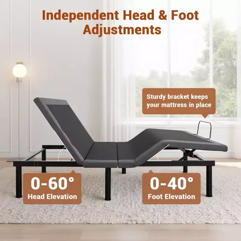 Cadre de lit réglable avec massage, sommier réglable avec 1 port USB et veilleuse sous le lit, inclinaison de la tête et des pieds