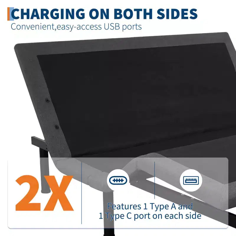 Cadre de lit réglable avec massage, sommier réglable avec 1 port USB et veilleuse sous le lit, inclinaison de la tête et des pieds