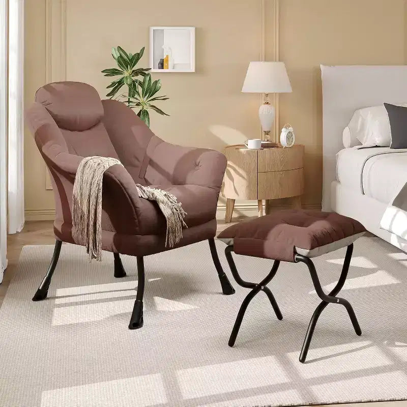 Fauteuil d'appoint confortable en velours pour adultes, fauteuil de lecture ergonomique avec accoudoirs rembourrés, repose-pieds pliant, poche latérale, rose, gris