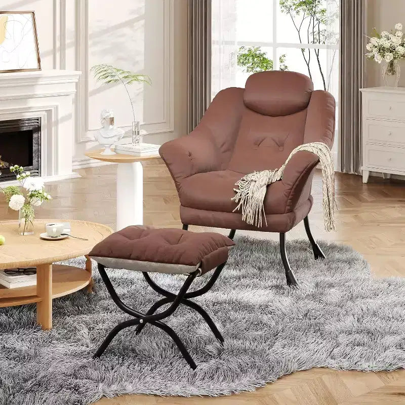 Fauteuil d'appoint confortable en velours pour adultes, fauteuil de lecture ergonomique avec accoudoirs rembourrés, repose-pieds pliant, poche latérale, rose, gris