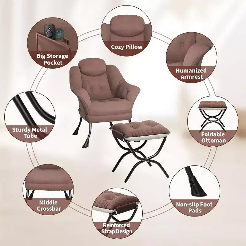 Fauteuil d'appoint confortable en velours pour adultes, fauteuil de lecture ergonomique avec accoudoirs rembourrés, repose-pieds pliant, poche latérale, rose, gris