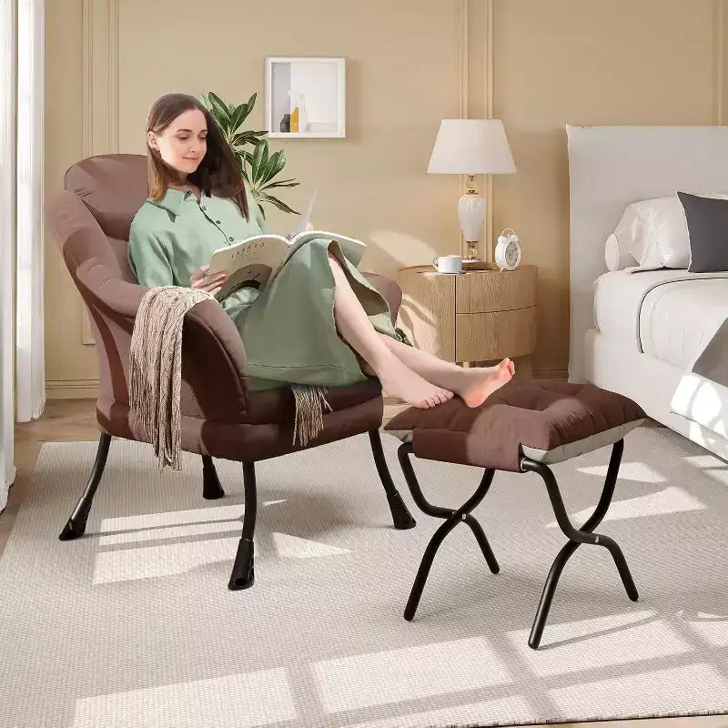 Fauteuil d'appoint confortable en velours pour adultes, fauteuil de lecture ergonomique avec accoudoirs rembourrés, repose-pieds pliant, poche latérale, rose, gris