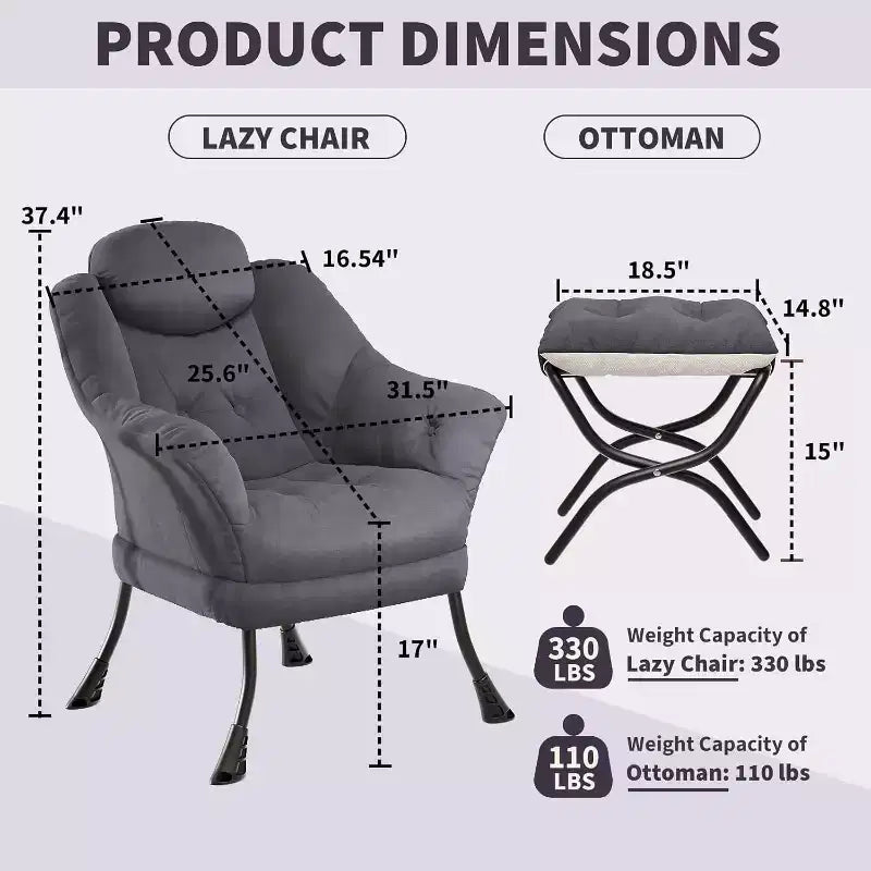 Fauteuil d'appoint confortable en velours pour adultes, fauteuil de lecture ergonomique avec accoudoirs rembourrés, repose-pieds pliant, poche latérale, rose, gris