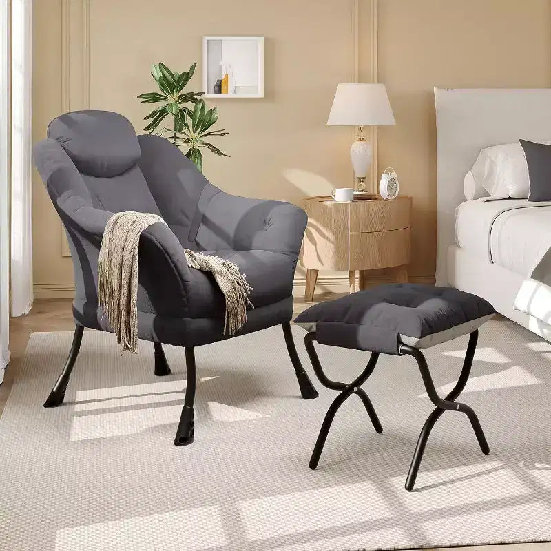 Fauteuil d'appoint confortable en velours pour adultes, fauteuil de lecture ergonomique avec accoudoirs rembourrés, repose-pieds pliant, poche latérale, rose, gris
