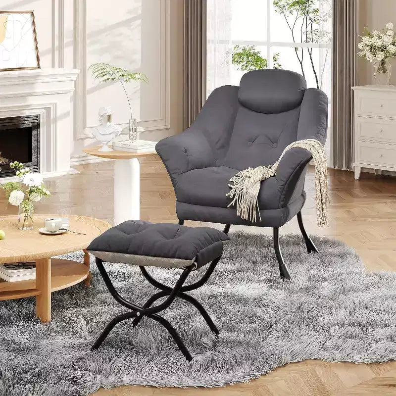 Fauteuil d'appoint confortable en velours pour adultes, fauteuil de lecture ergonomique avec accoudoirs rembourrés, repose-pieds pliant, poche latérale, rose, gris