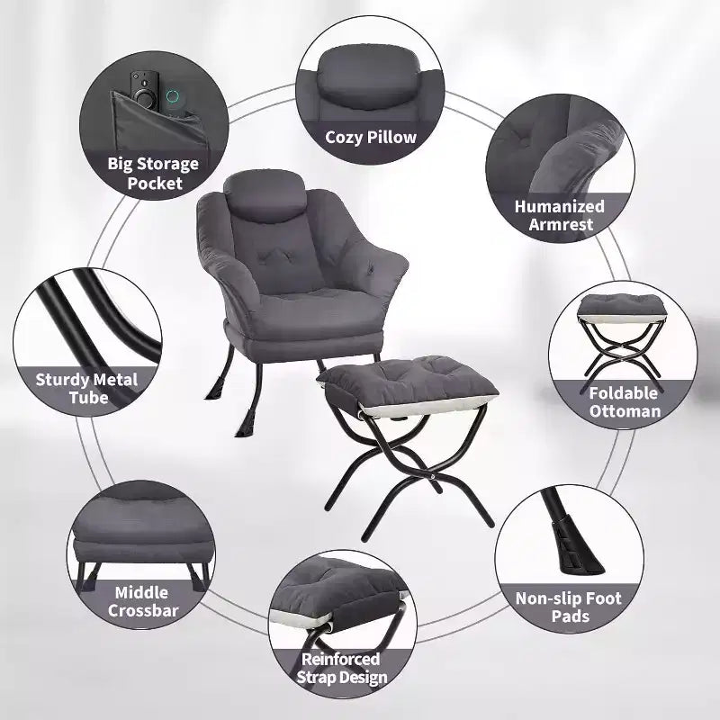 Fauteuil d'appoint confortable en velours pour adultes, fauteuil de lecture ergonomique avec accoudoirs rembourrés, repose-pieds pliant, poche latérale, rose, gris