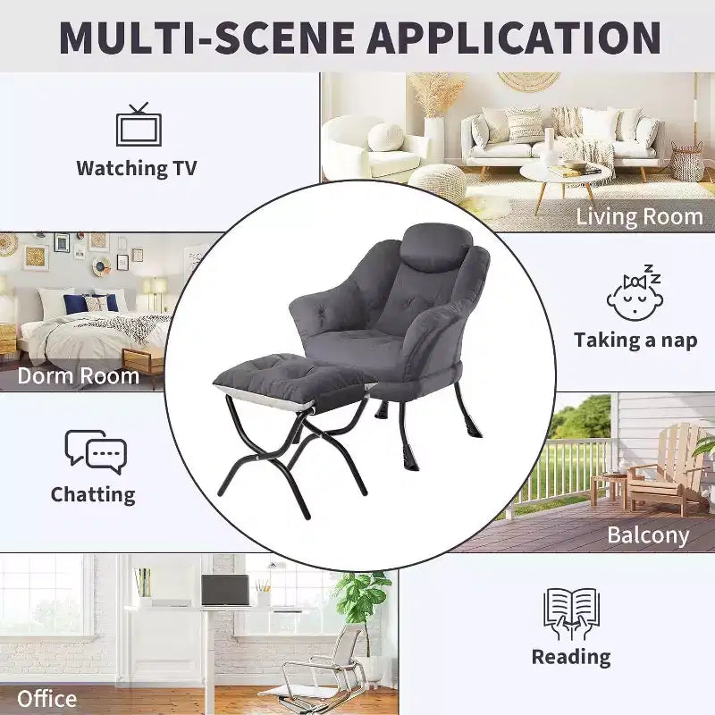 Fauteuil d'appoint confortable en velours pour adultes, fauteuil de lecture ergonomique avec accoudoirs rembourrés, repose-pieds pliant, poche latérale, rose, gris