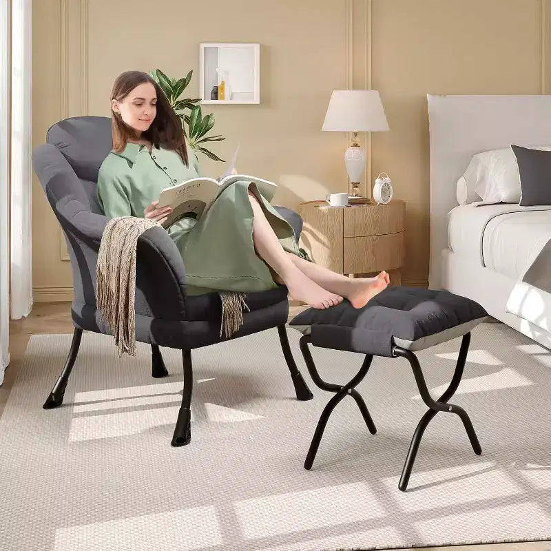 Fauteuil d'appoint confortable en velours pour adultes, fauteuil de lecture ergonomique avec accoudoirs rembourrés, repose-pieds pliant, poche latérale, rose, gris