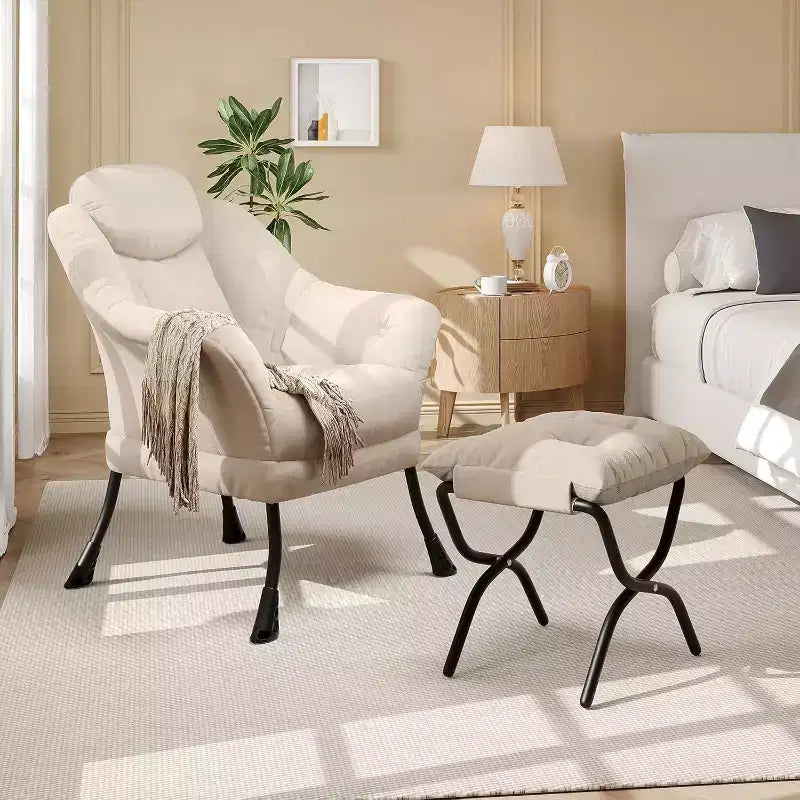 Fauteuil d'appoint confortable en velours pour adultes, fauteuil de lecture ergonomique avec accoudoirs rembourrés, repose-pieds pliant, poche latérale, rose, gris