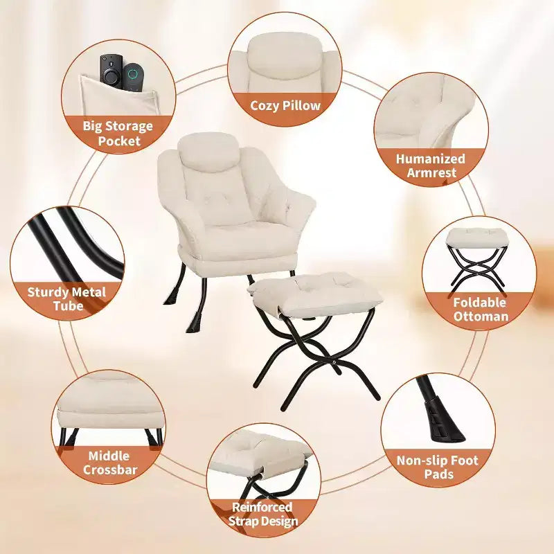 Fauteuil d'appoint confortable en velours pour adultes, fauteuil de lecture ergonomique avec accoudoirs rembourrés, repose-pieds pliant, poche latérale, rose, gris