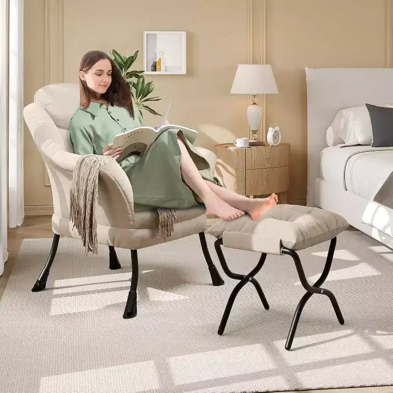 Fauteuil d'appoint confortable en velours pour adultes, fauteuil de lecture ergonomique avec accoudoirs rembourrés, repose-pieds pliant, poche latérale, rose, gris