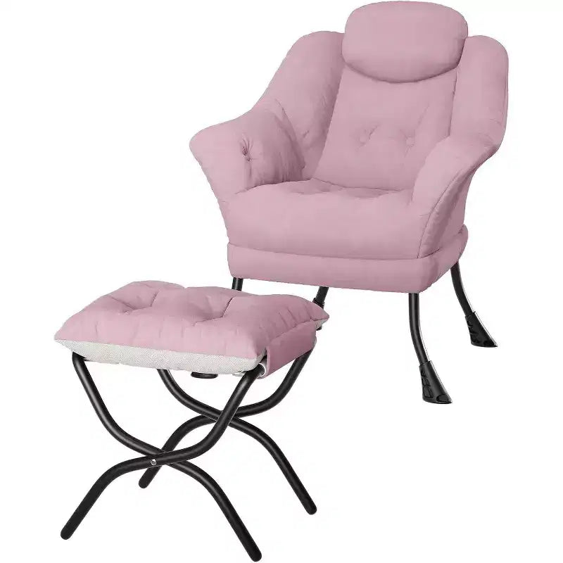 Fauteuil d'appoint confortable en velours pour adultes, fauteuil de lecture ergonomique avec accoudoirs rembourrés, repose-pieds pliant, poche latérale, rose, gris