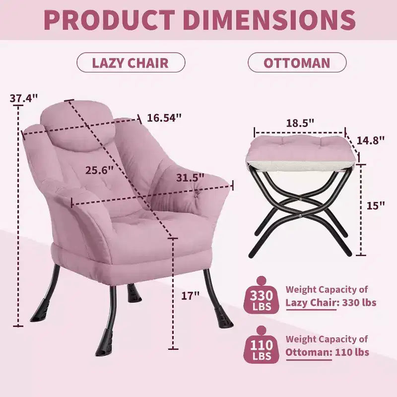 Fauteuil d'appoint confortable en velours pour adultes, fauteuil de lecture ergonomique avec accoudoirs rembourrés, repose-pieds pliant, poche latérale, rose, gris