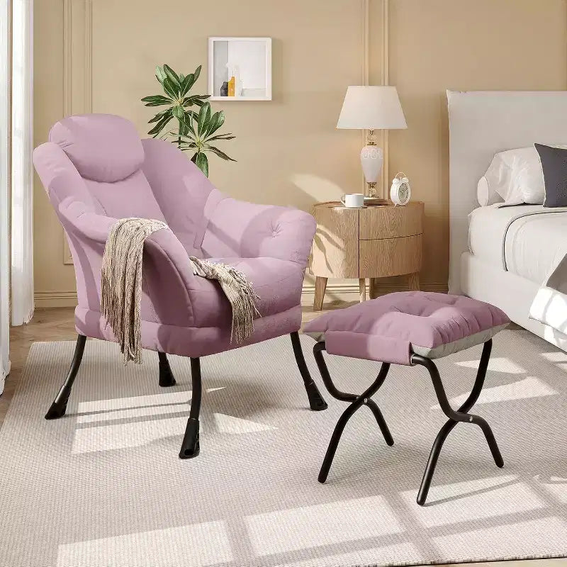 Fauteuil d'appoint confortable en velours pour adultes, fauteuil de lecture ergonomique avec accoudoirs rembourrés, repose-pieds pliant, poche latérale, rose, gris