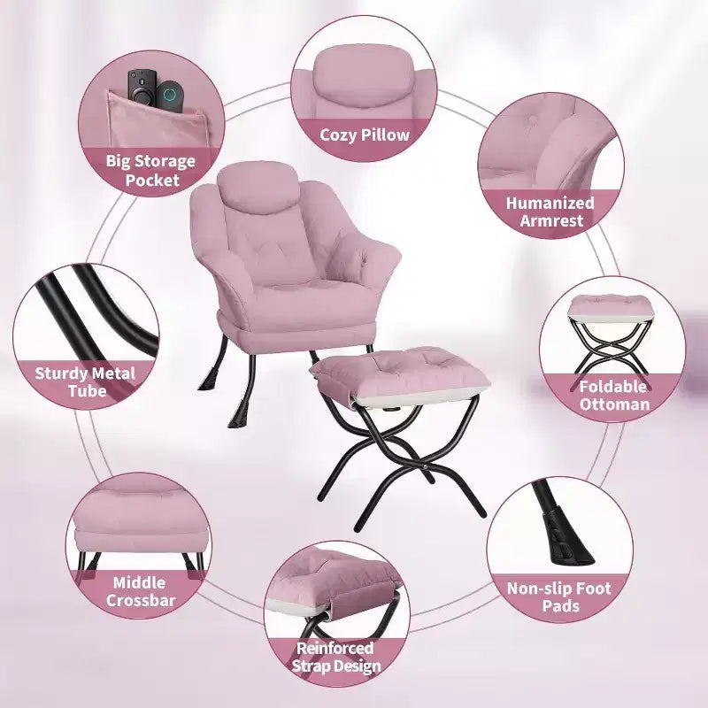 Fauteuil d'appoint confortable en velours pour adultes, fauteuil de lecture ergonomique avec accoudoirs rembourrés, repose-pieds pliant, poche latérale, rose, gris