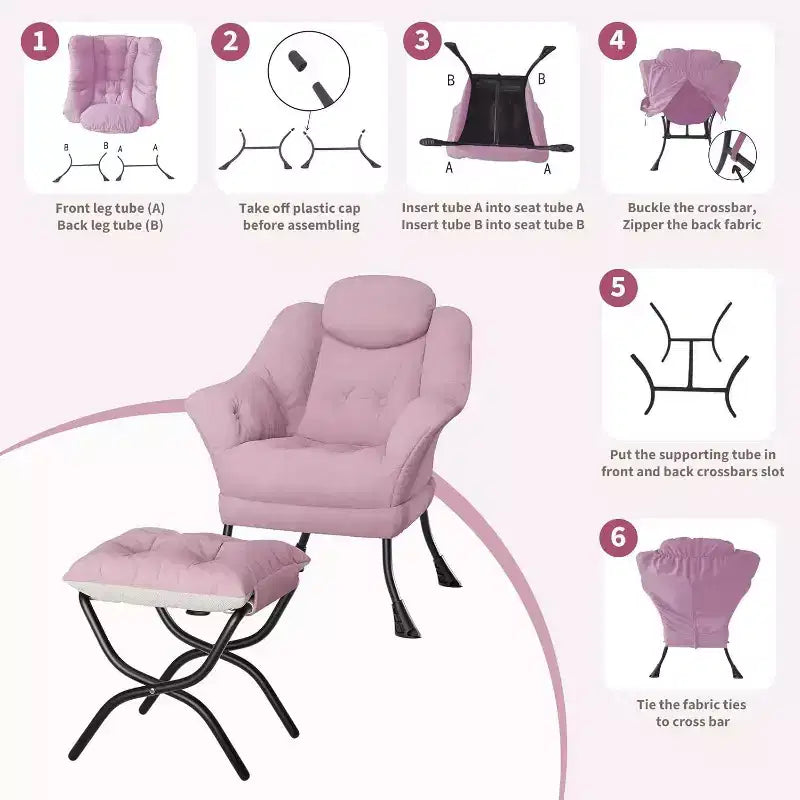Fauteuil d'appoint confortable en velours pour adultes, fauteuil de lecture ergonomique avec accoudoirs rembourrés, repose-pieds pliant, poche latérale, rose, gris
