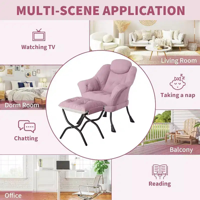 Fauteuil d'appoint confortable en velours pour adultes, fauteuil de lecture ergonomique avec accoudoirs rembourrés, repose-pieds pliant, poche latérale, rose, gris