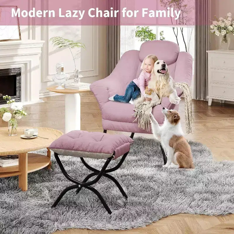 Fauteuil d'appoint confortable en velours pour adultes, fauteuil de lecture ergonomique avec accoudoirs rembourrés, repose-pieds pliant, poche latérale, rose, gris