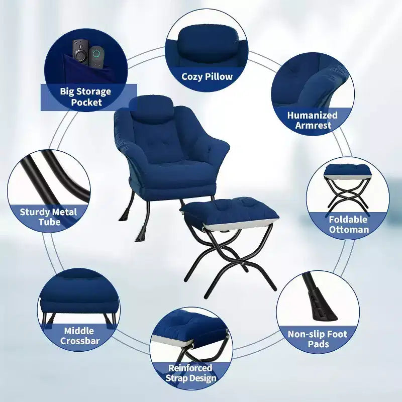Fauteuil d'appoint confortable en velours pour adultes, fauteuil de lecture ergonomique avec accoudoirs rembourrés, repose-pieds pliant, poche latérale, rose, gris