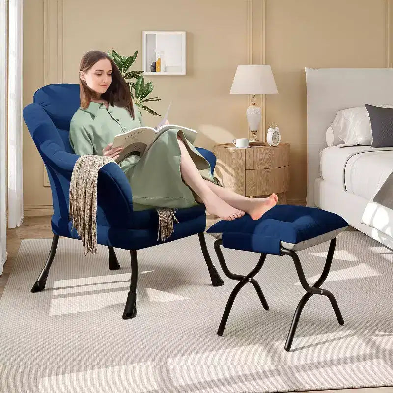 Fauteuil d'appoint confortable en velours pour adultes, fauteuil de lecture ergonomique avec accoudoirs rembourrés, repose-pieds pliant, poche latérale, rose, gris