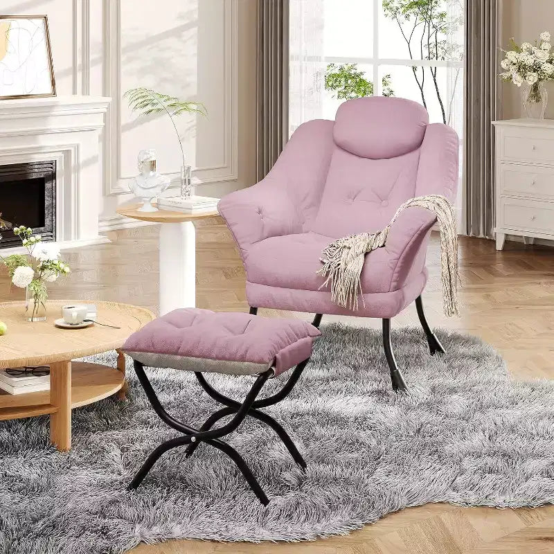 Fauteuil d'appoint confortable en velours pour adultes, fauteuil de lecture ergonomique avec accoudoirs rembourrés, repose-pieds pliant, poche latérale, rose, gris