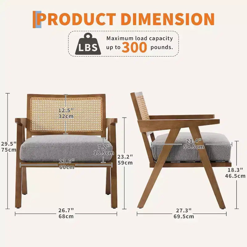 Fauteuil, Dossier Rotin, Pieds Bois, Coussins Épais, Fauteuil de Salon Chambre Balcon, Lin Beige ou Flanelle Teddy