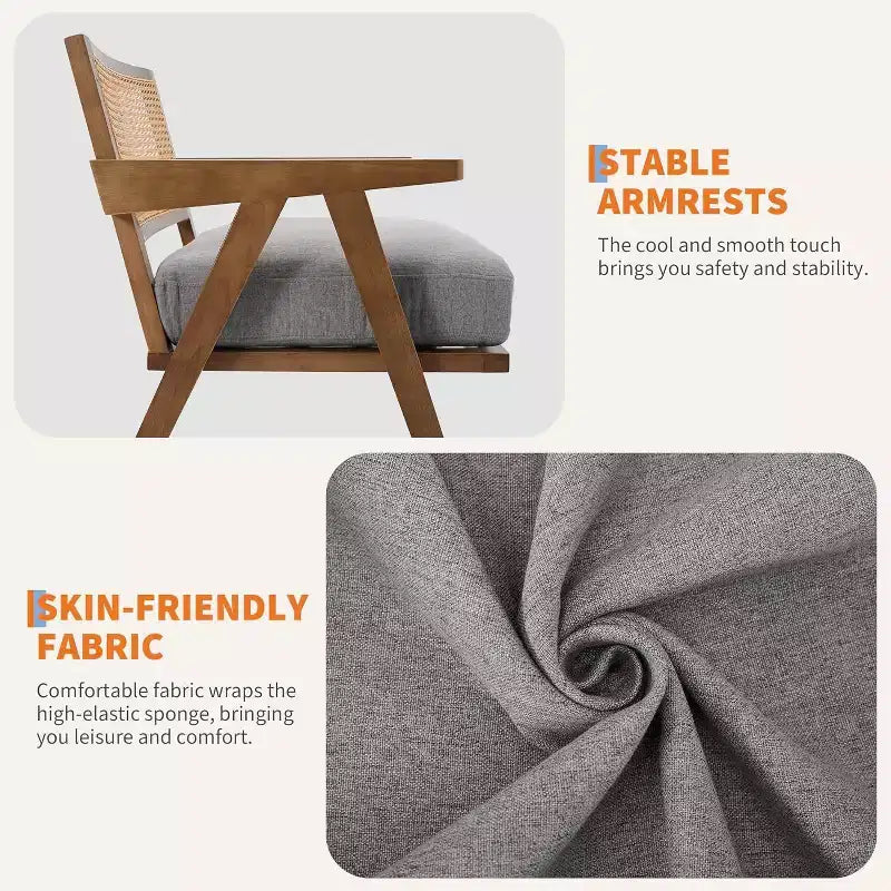 Fauteuil, Dossier Rotin, Pieds Bois, Coussins Épais, Fauteuil de Salon Chambre Balcon, Lin Beige ou Flanelle Teddy