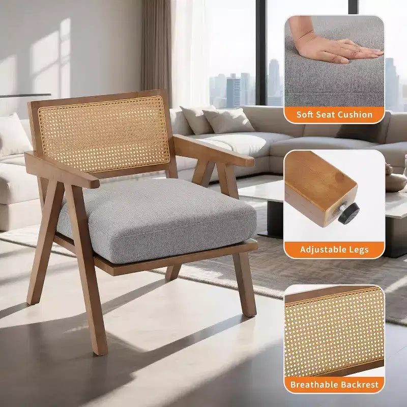 Fauteuil, Dossier Rotin, Pieds Bois, Coussins Épais, Fauteuil de Salon Chambre Balcon, Lin Beige ou Flanelle Teddy