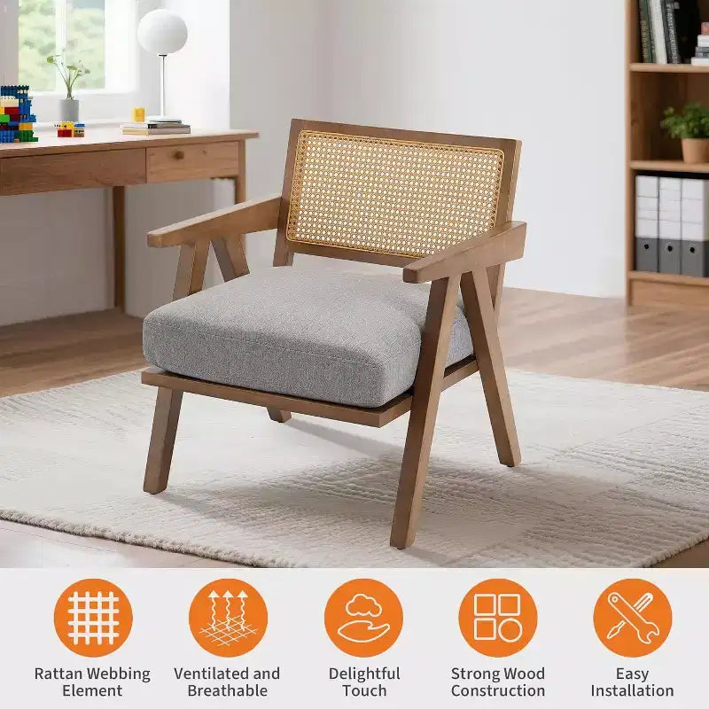 Fauteuil, Dossier Rotin, Pieds Bois, Coussins Épais, Fauteuil de Salon Chambre Balcon, Lin Beige ou Flanelle Teddy