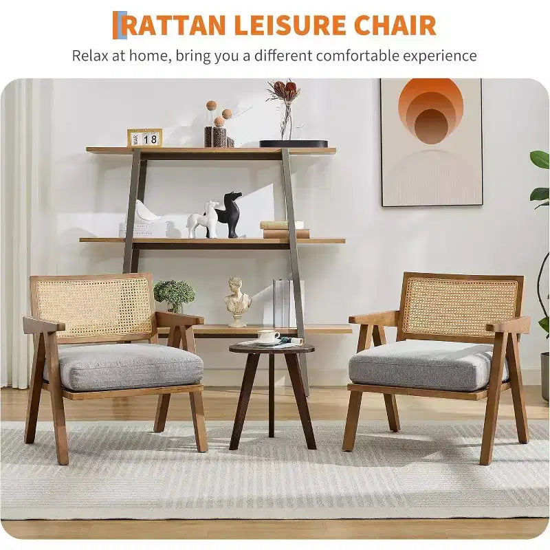 Fauteuil, Dossier Rotin, Pieds Bois, Coussins Épais, Fauteuil de Salon Chambre Balcon, Lin Beige ou Flanelle Teddy