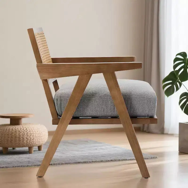 Fauteuil, Dossier Rotin, Pieds Bois, Coussins Épais, Fauteuil de Salon Chambre Balcon, Lin Beige ou Flanelle Teddy