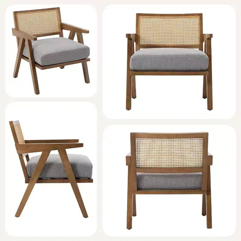 Fauteuil, Dossier Rotin, Pieds Bois, Coussins Épais, Fauteuil de Salon Chambre Balcon, Lin Beige ou Flanelle Teddy