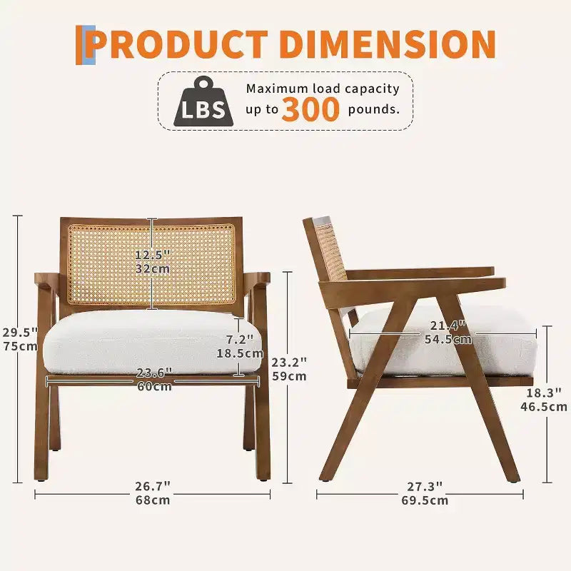 Fauteuil, Dossier Rotin, Pieds Bois, Coussins Épais, Fauteuil de Salon Chambre Balcon, Lin Beige ou Flanelle Teddy